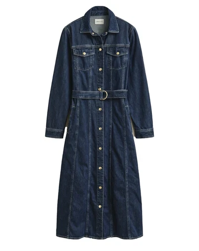 Gant - Denim Midi Kjole - Dark Blue Worn In 